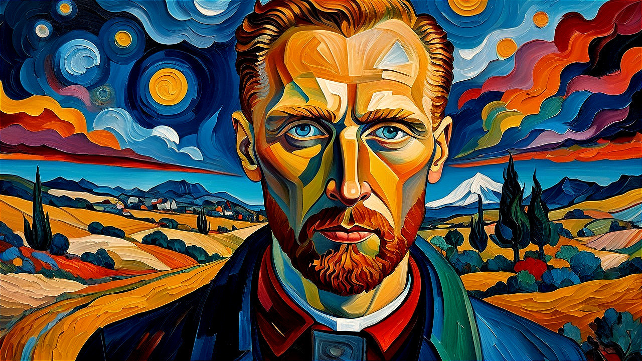 Vibrant Abstract Portrait with Blue Eyes and Red Hair