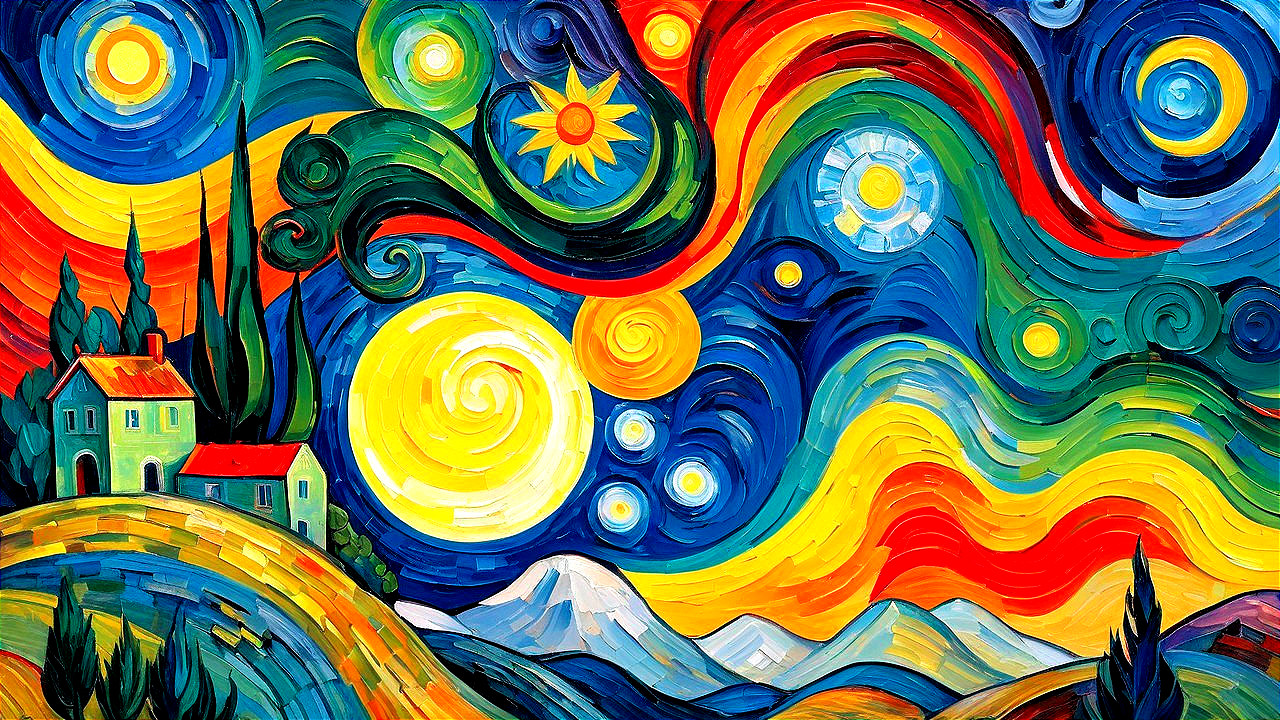 Vibrant Landscape with Swirling Sky and Rolling Hills