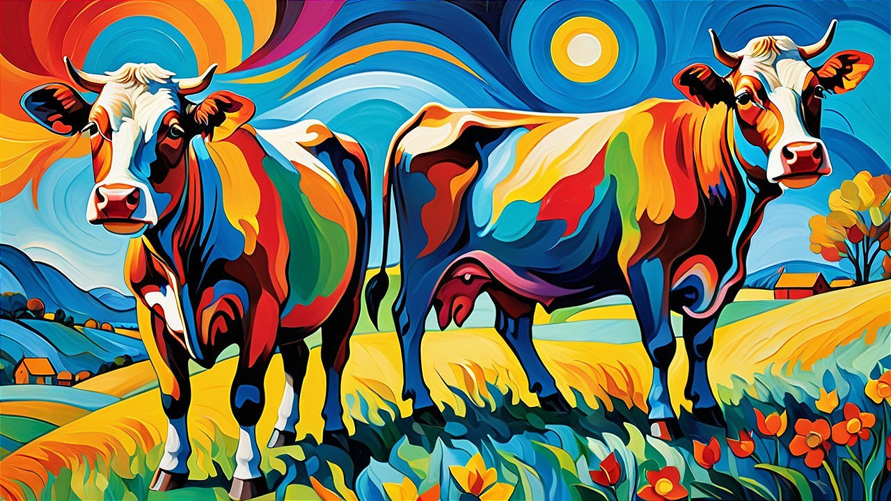 Vibrant Abstract Cows in Colorful Landscape Scene