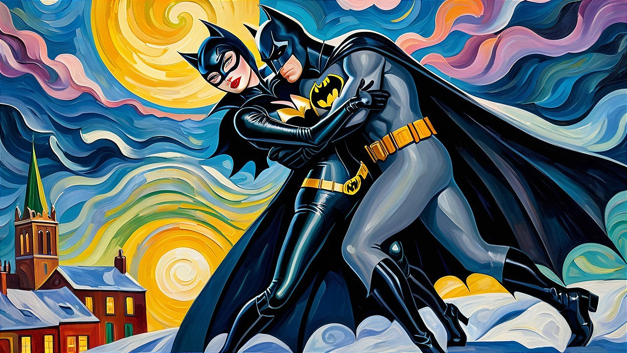 Batman and Batgirl in a Colorful Night Sky Scene