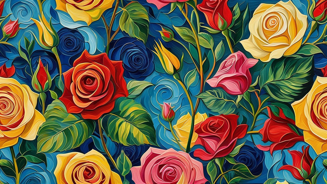 Vibrant Floral Composition with Colorful Roses and Leaves