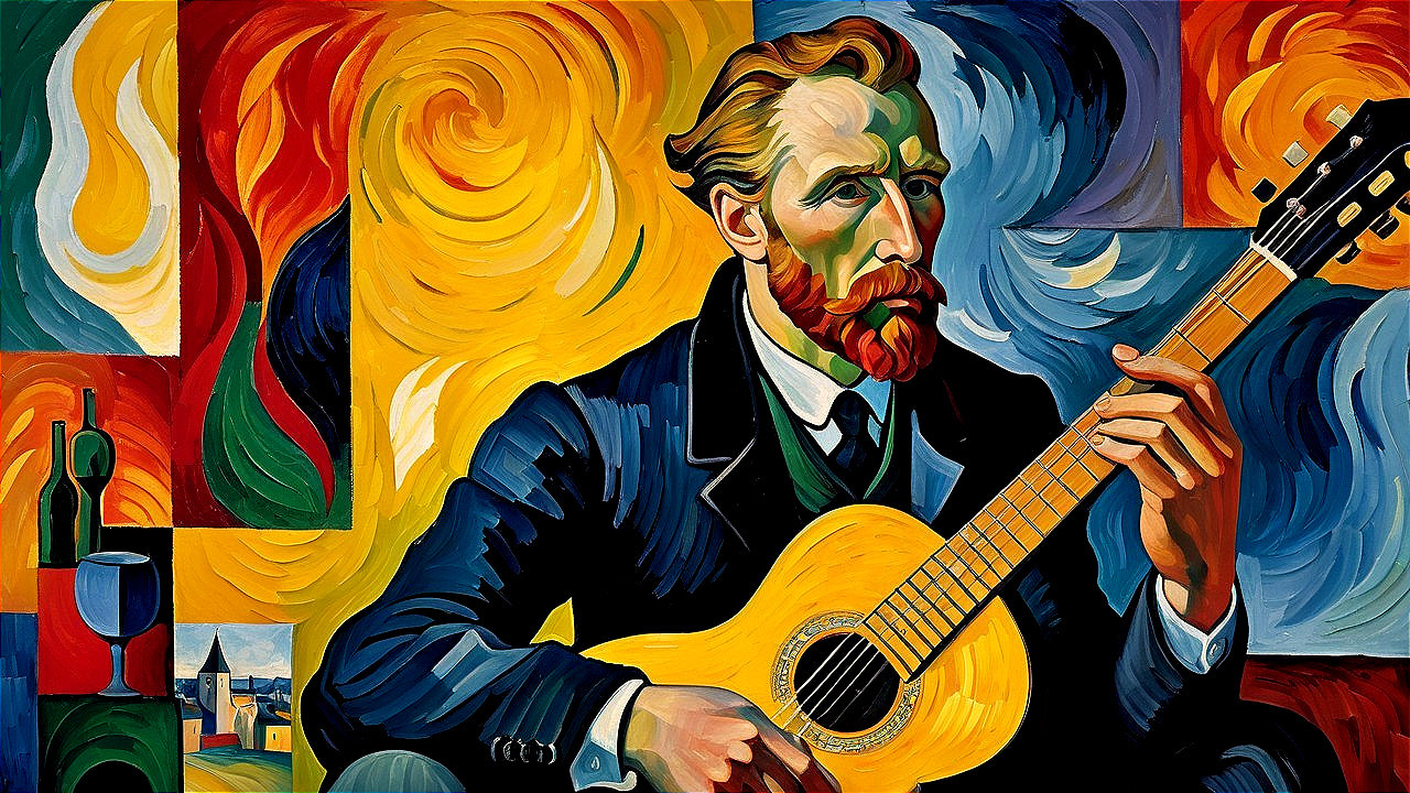 Stylized Painting of a Man Playing Acoustic Guitar