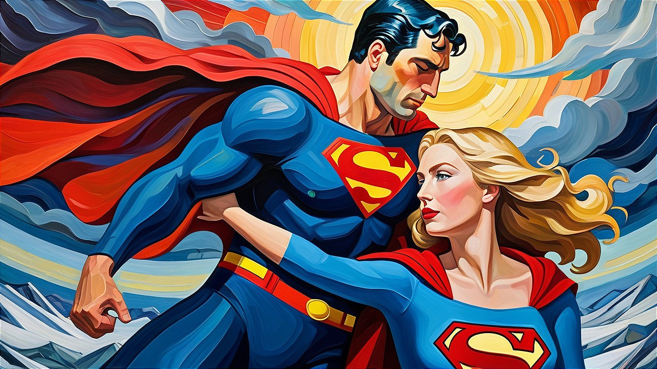 Iconic Superheroes in Vibrant Costumes and Dramatic Sky