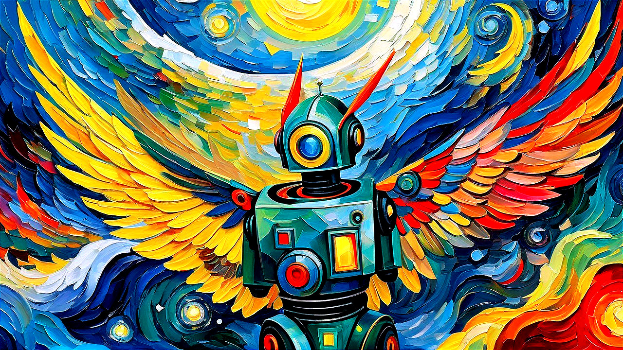 Abstract Painting of Robot with Colorful Wings