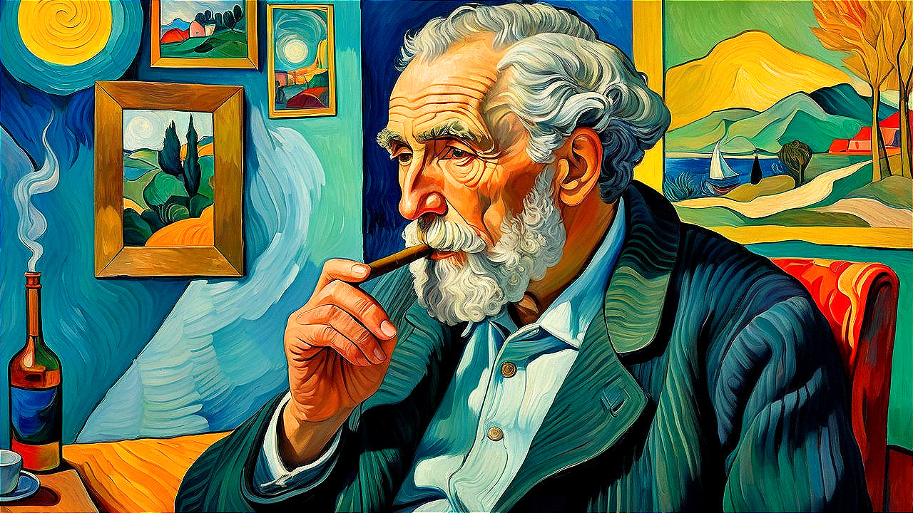 Elderly man with pipe in a colorful, cozy room