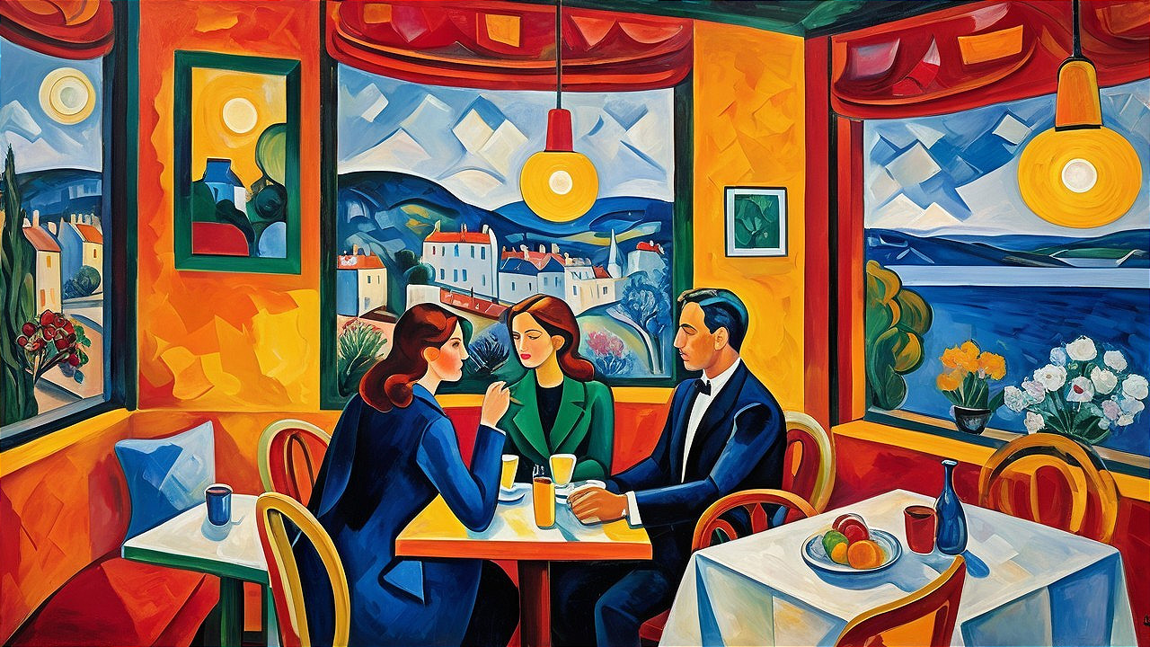 Café Scene with Friends and Colorful Decor
