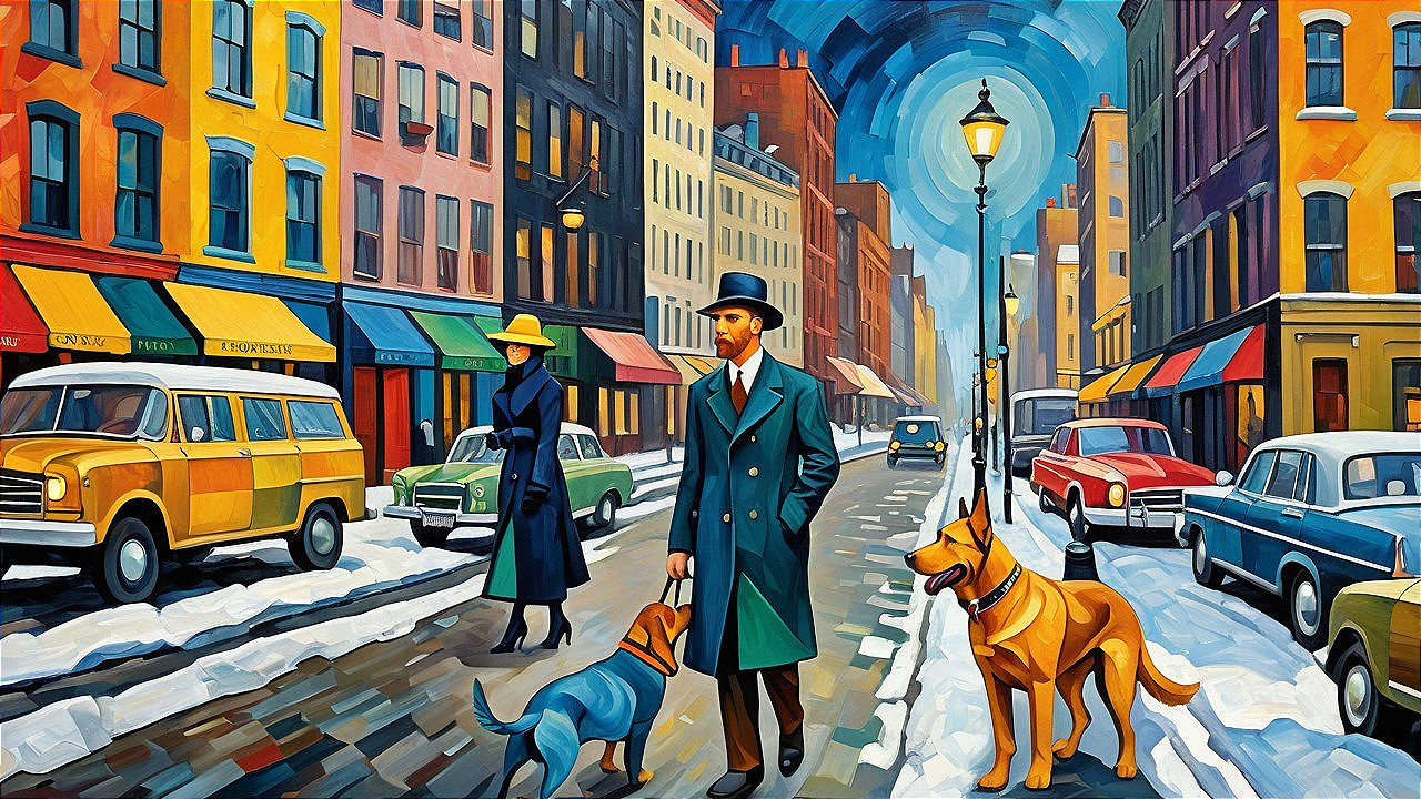 Vibrant Winter Street Scene with Colorful Buildings