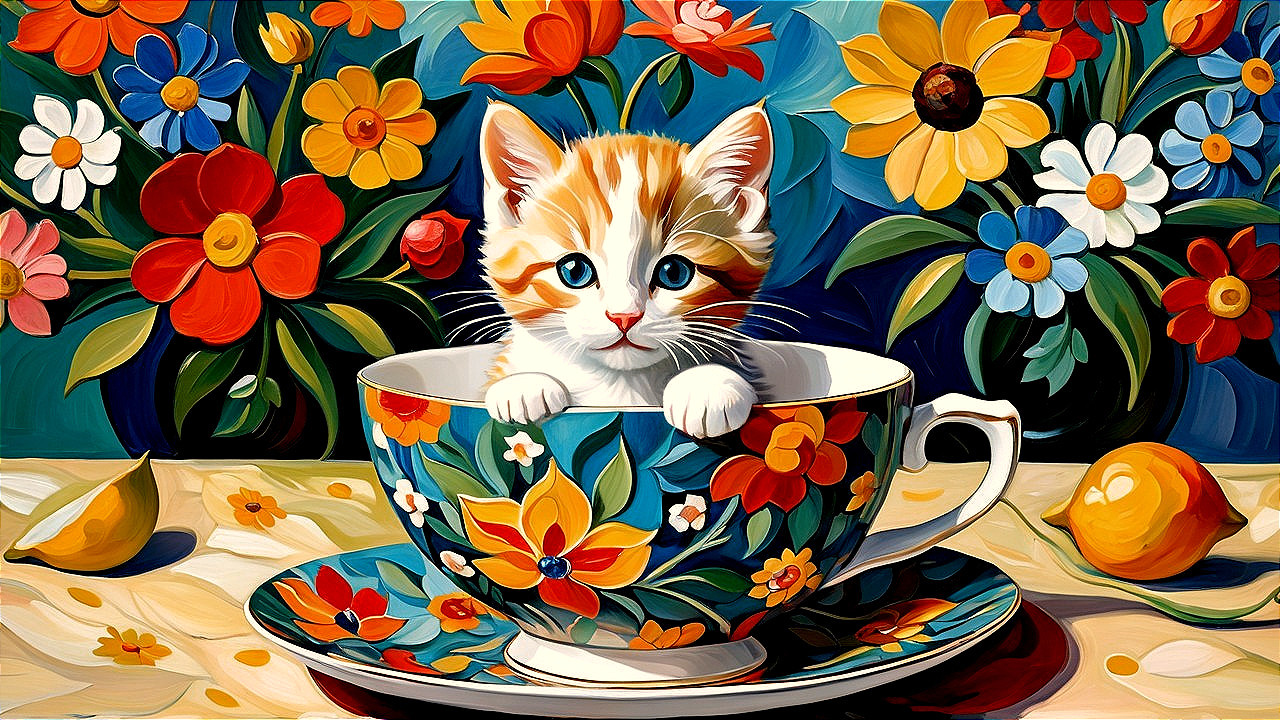 Orange-and-white kitten in a floral teacup setting