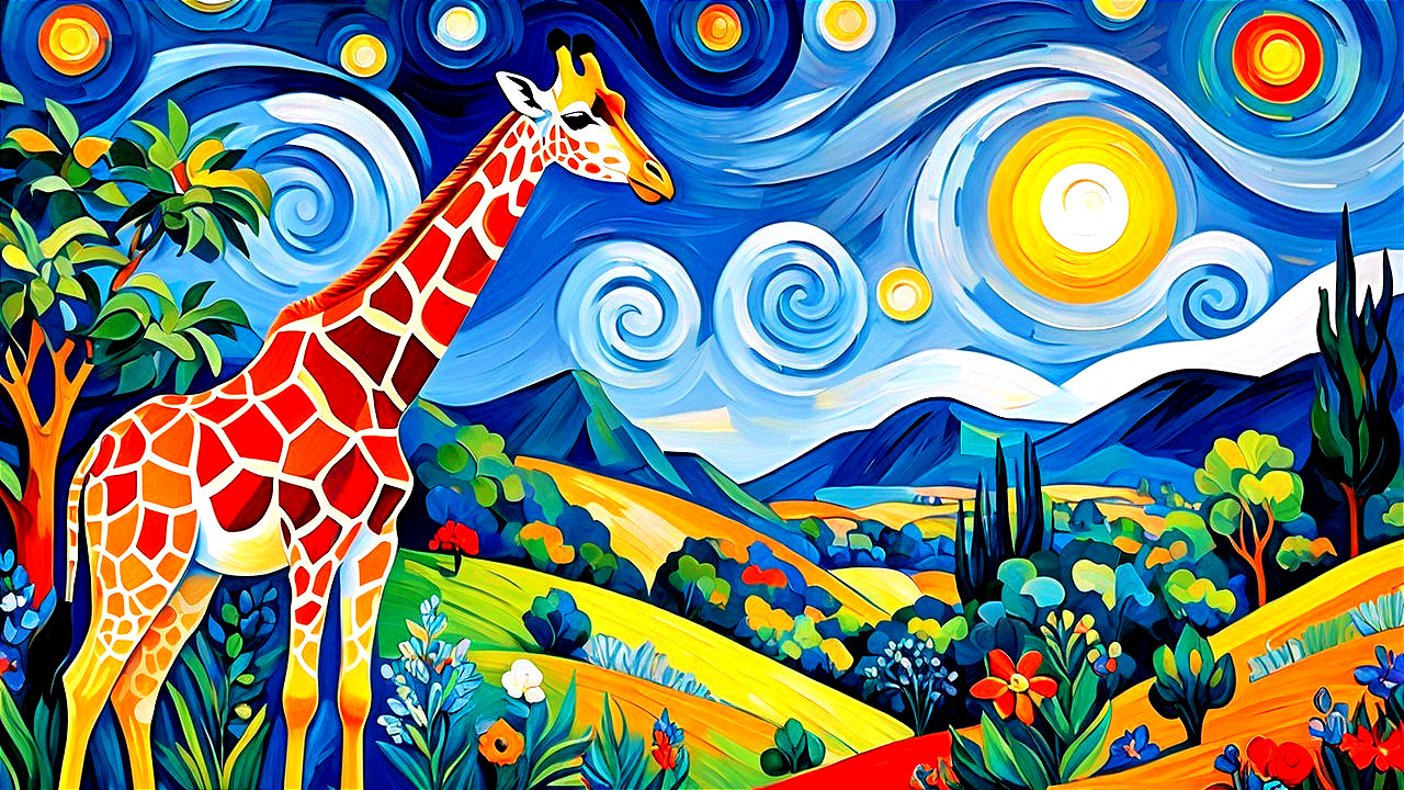 Vibrant Landscape with Giraffe and Colorful Sky