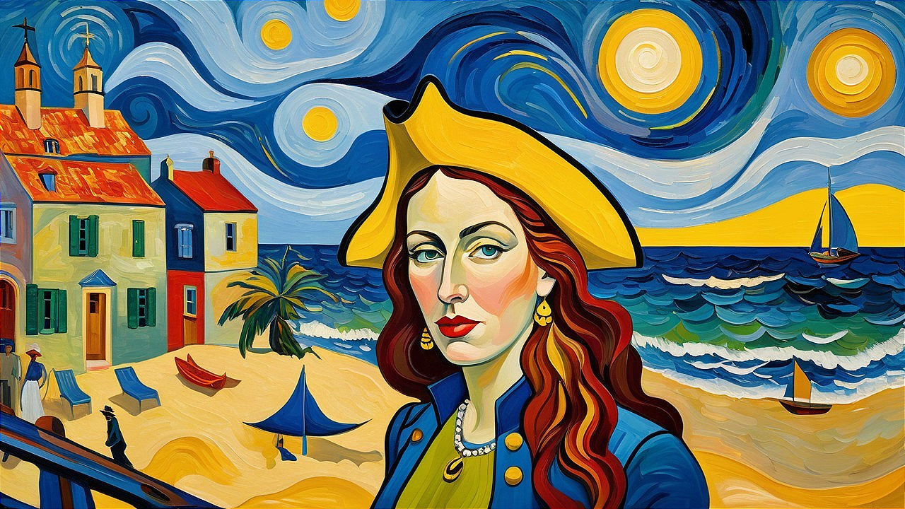 Surreal Painting of Woman with Red Hair at Coastline