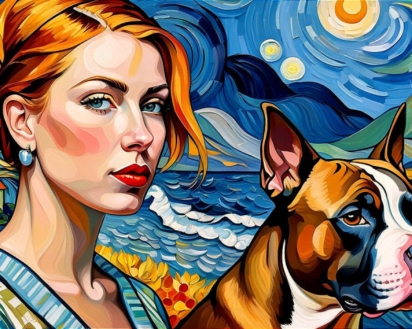 Woman with Red Hair by Water at Night with Dog