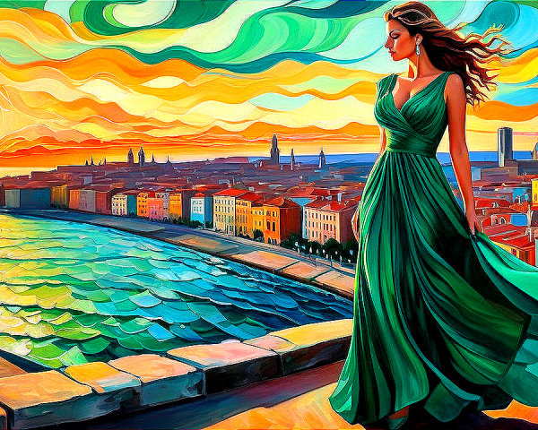 Woman in Green Dress Overlooking Sunset Coastal City