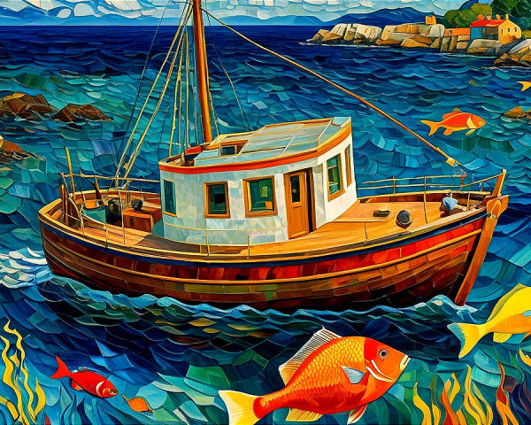 Vibrant Impressionistic Fishing Vessel in Colorful Waters