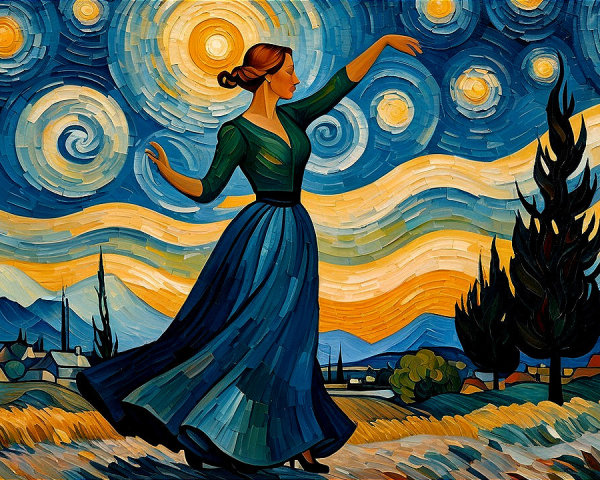 Woman Dancing in a Swirling Night Sky Artwork