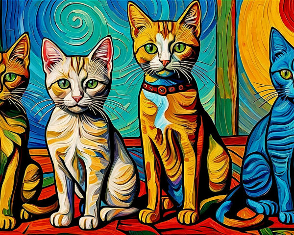 Colorful Artwork of Four Stylized Cats Together