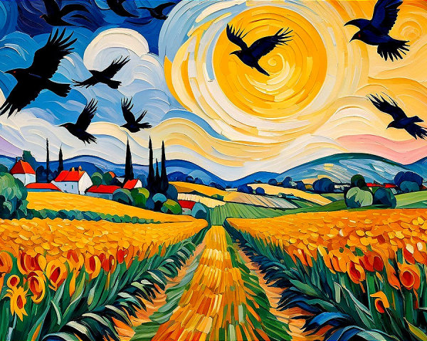 Vibrant Landscape with Dramatic Sky and Birds