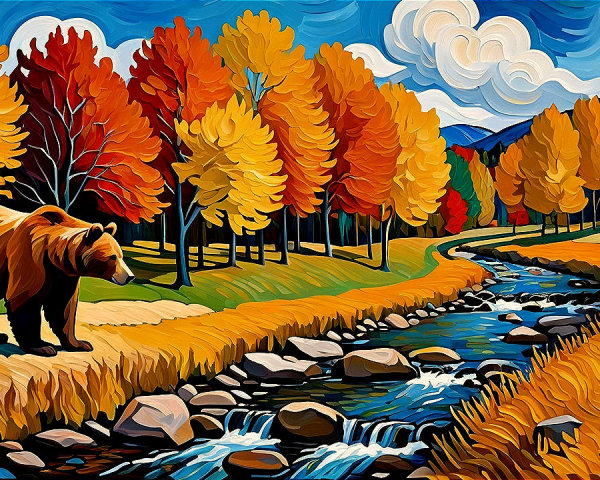 Vibrant Autumn Landscape with Bear by Serene Stream