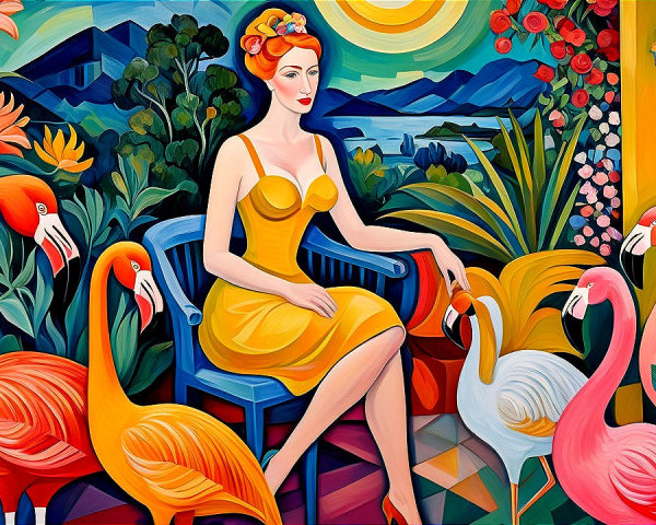 Colorful Cubist Painting of Woman and Flamingos