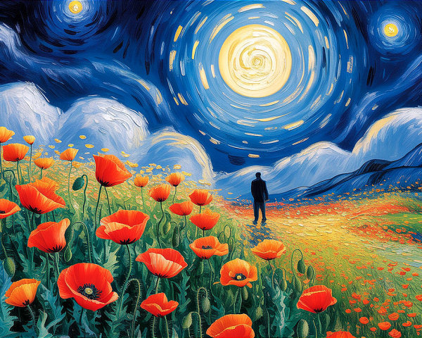 Vibrant Landscape with Poppies and Dreamlike Sky