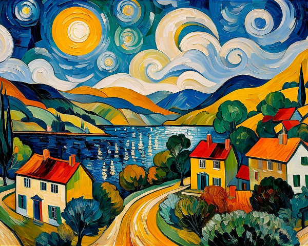 Vibrant Landscape with Hills, Water, and Colorful Houses