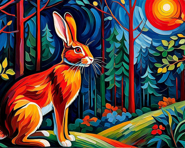 Colorful Rabbit in Stylized Forest Landscape Artwork
