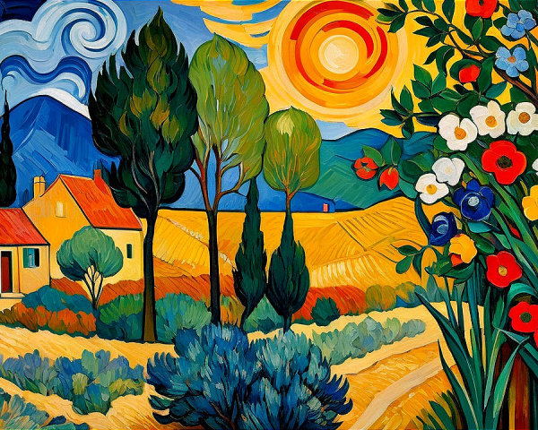 Vibrant Oil Painting of Colorful Landscape and Flowers