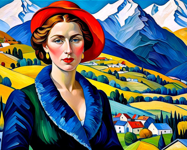 Portrait of a Woman in a Red Hat with Mountain View