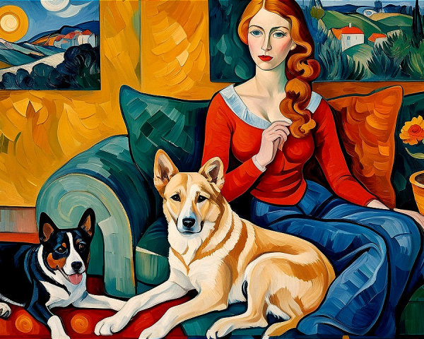 Modern Painting of a Serene Woman on a Green Sofa