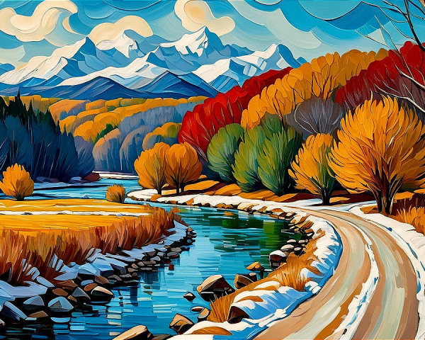 Vibrant Autumn Landscape with River and Mountains