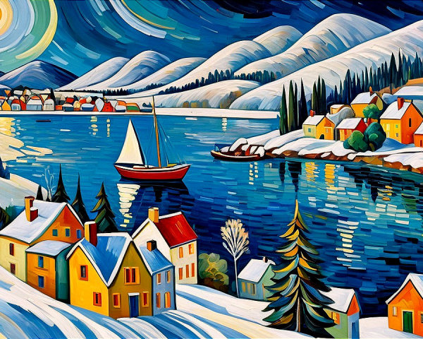 Winter Village Scene with Snow-Covered Landscape