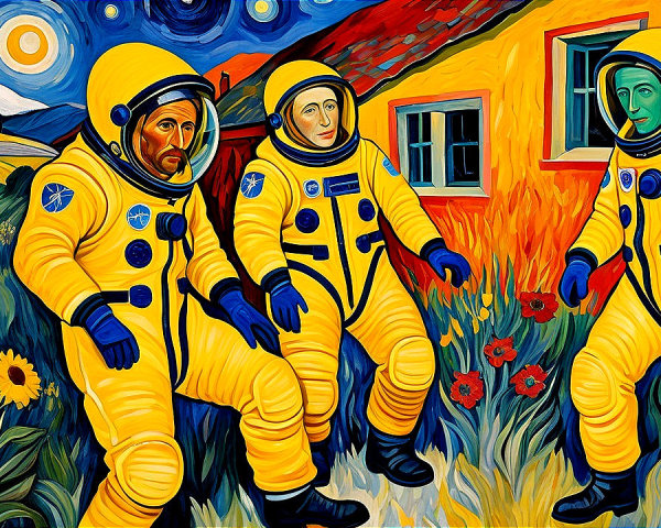 Astronauts in Space Suits Amidst Sunflowers and Night Sky