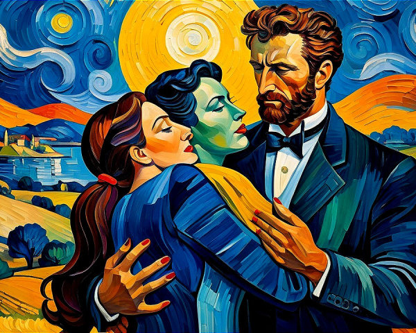 Cubist Painting of a Bearded Man with Two Women