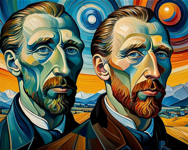 Stylized Bearded Man in Vibrant Landscape Art