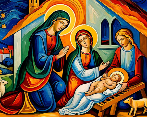 Folk Art Nativity Scene with Vibrant Colors and Halos