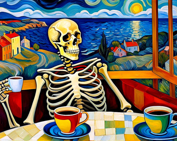 Skeleton at Table with Coffee Cups and Coastal View