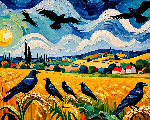 Vibrant Landscape with Wheat Field and Swirling Sky