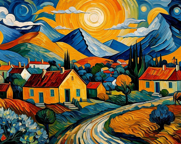 Vibrant Landscape with Colorful Village and Hills