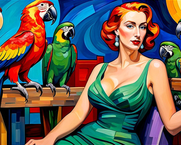 Glamorous Woman in Green Dress with Colorful Parrots