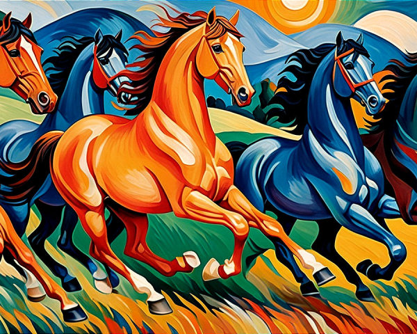Five Horses Galloping in a Colorful Landscape Painting
