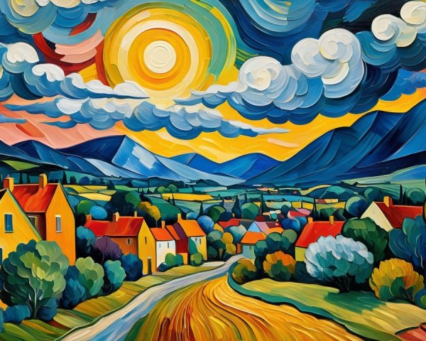 Vibrant Landscape with Colorful Houses and Mountains