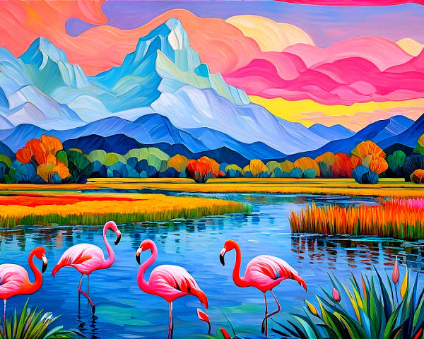 Vibrant Landscape with Lake, Mountains, and Flamingos