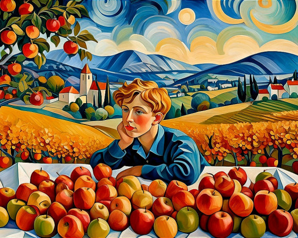Vibrant Painting of Boy with Apples and Scenic Landscape
