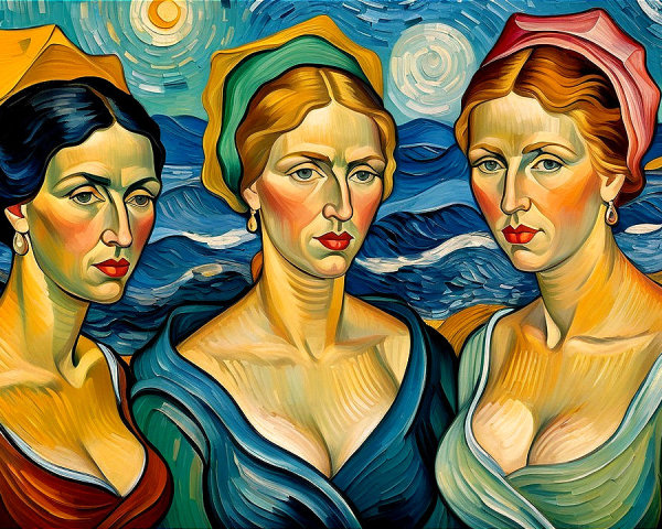 Three Stylized Women in Vibrant Colors and Headscarves