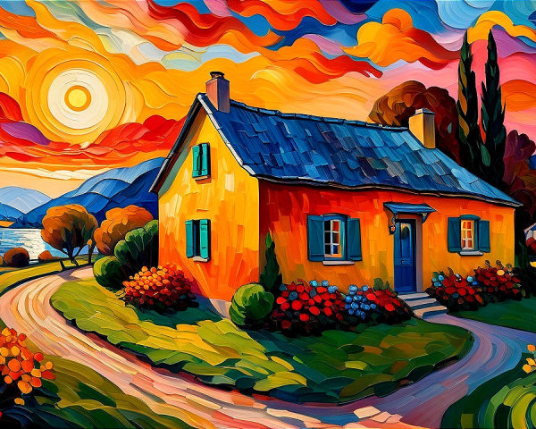 Vibrant Landscape with Cottage and Colorful Sunset Skies