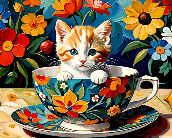 Orange-and-white kitten in a floral teacup setting