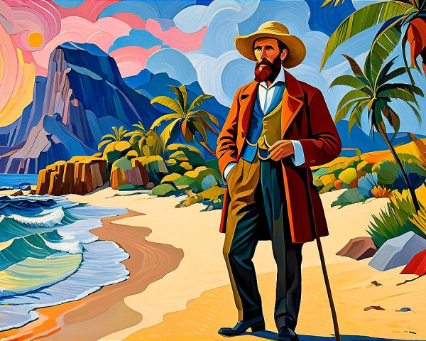 Digital painting of a man on a vibrant tropical beach