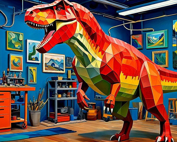 Colorful Dinosaur Sculpture in Vibrant Art Studio