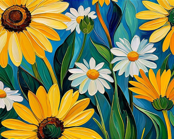 Close-up Impressionistic Painting of Sunflowers and Daisies