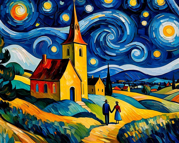 Impressionistic Night Sky with Stars and Landscape