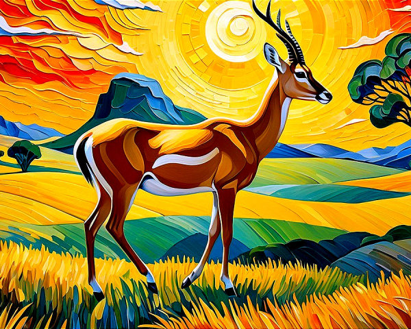 Vibrant Landscape with Antelope in Sunlit Meadow